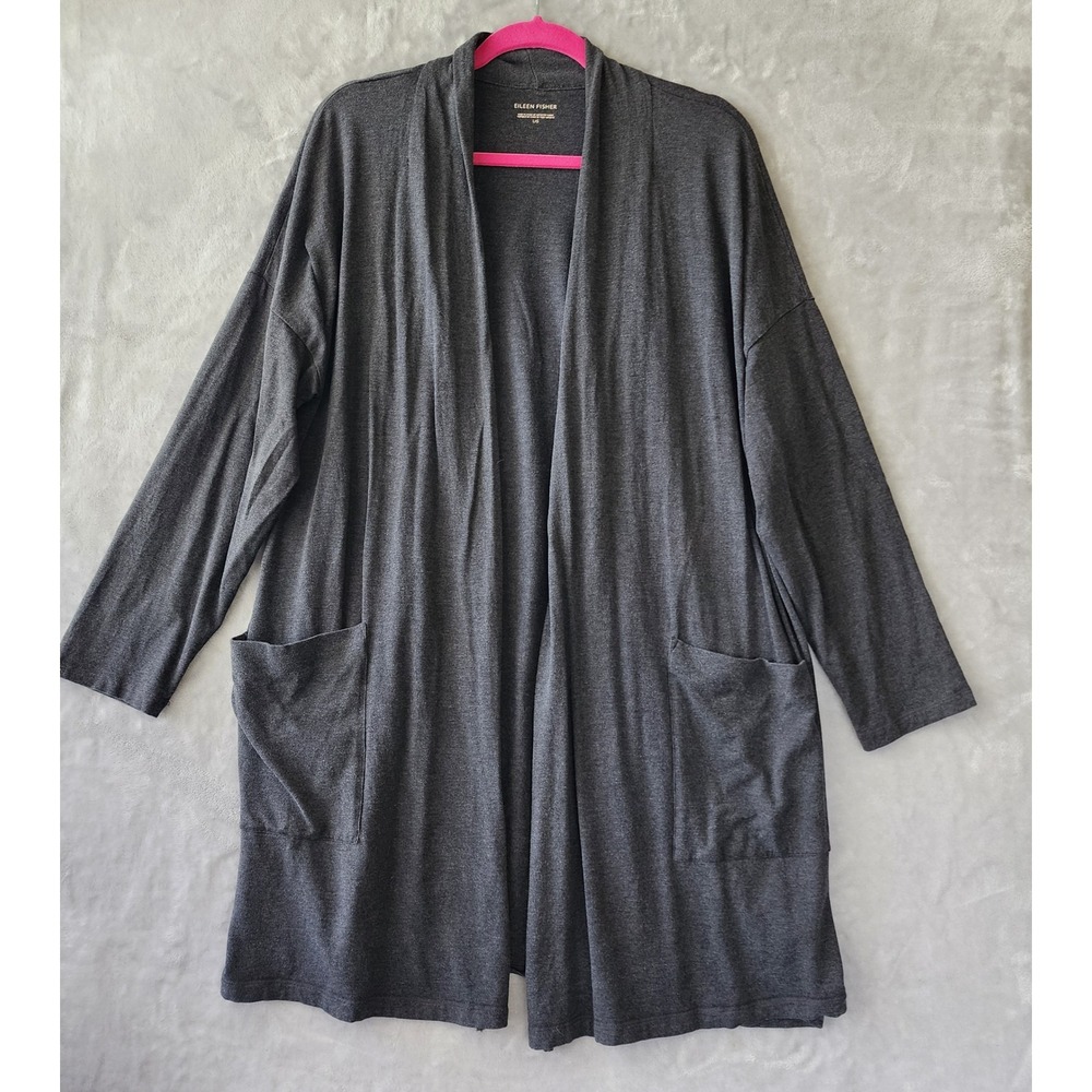 Eileen Fisher Cardigan Womens Size Large Gray Stretch Knit Open Front Pockets
